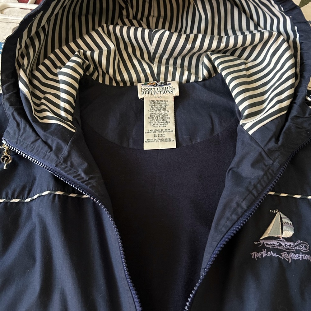 Northern Reflections Navy Hooded Windbreaker with Striped accents and embroidery